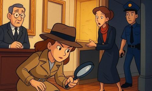 The detective is a woman with a gentle face and sharp eyes, kneeling to examine small dusty footprints on a varnished wood floor; Mr. Cooper, the middle-aged gallery owner with graying hair and round glasses, stands worried by a dark wood reception desk; Clara, an elegant but nervous woman in a dark dress and red scarf, is caught furtively removing a painting hidden behind a sliding panel behind a large empty gilded frame; a young policeman in a blue uniform enters from the back door with a flashlight and handcuffs, half in shadow by a column; the interior is a nighttime art gallery with cream walls, warm spotlights highlighting gilded frames, a grainy camera monitor on a table, and glossy wood plank floors; the main moment: Clara is surprised stealing the hidden painting, tense colorful atmosphere, sharp silhouettes and long shadows from spotlights.