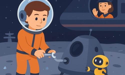 A young man stands on the gray surface of a small moon, calm and focused, in a simple flight suit with an orange jacket and boots, holding a small silver regulator and looking at his ship in a crater; a female cargo captain appears small in the background on the ship's bridge, waving through a round porthole; a small yellow robotic assistance drone hovers near the ship with wheels and mechanical arms deployed, helping with repairs; the setting is a wide hollow crater with rounded rims, powdery gray ground with boot prints, scattered bluish sparkling crystals, a deep black starry sky, and the distant silhouette of a silver orbital port on the horizon; the main scene is a peaceful landing and methodical repair — the man calmly fixes the ship's external piping under soft light while the drone assists and the captain watches, creating a tranquil, reassuring atmosphere.