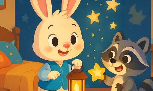 Um coelhinho com grandes orelhas, chamado Tomás, está no centro da cena, com um olhar curioso e maravilhado. Seu pelo é macio e branco, e ele usa um colete azul. Ele segura uma lanterna mágica que projeta estrelas cintilantes nas paredes. Ao lado dele, um guaxinim chamado Luzinhas, com pelo cinza e olhos brilhantes, sorri alegremente. Ele ergue uma pequena lanterna em forma de estrela, iluminando o rosto de Tomás. O ambiente é um charmoso quarto de porquinho, com paredes pintadas em tons pastéis, brinquedos espalhados e uma cama aconchegante coberta de almofadas coloridas. A luz suave da lanterna cria uma atmosfera acolhedora, cheia de magia. A cena mostra Tomás e Luzinhas brincando com as sombras projetadas nas paredes, rindo juntos e descobrindo a beleza do escuro, transformando o medo em alegria.