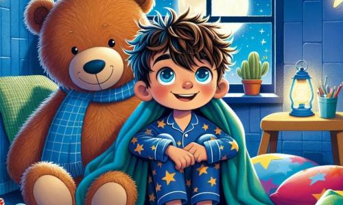 Um menino de 8 anos, chamado Pedro, está sentado em uma cabana feita de travesseiros e cobertas coloridas, com um grande sorriso no rosto. Ele tem cabelos castanhos bagunçados, olhos brilhantes de curiosidade e veste um pijama azul com estrelas. Ao seu lado, um urso de pelúcia gigante, chamado Urso Protetor, está sentado, com um olhar amigável e protetor, como se estivesse cuidando de Pedro. A luz suave e colorida das luzes em forma de estrelas cria uma atmosfera acolhedora e mágica, iluminando as paredes de azul calmante. Brinquedos estão espalhados ao redor, e uma janela revela um céu estrelado do lado de fora. A cena principal mostra Pedro, cercado por seu urso de pelúcia, contando histórias imaginárias sobre as estrelas, enquanto se sente seguro em sua cabana, transformando seu medo do escuro em uma aventura cheia de alegria e criatividade.