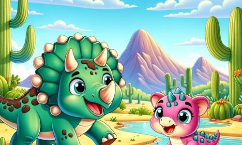 Em uma paisagem ensolarada, um tricératops chamado Tico, com pele verde e manchas de terra marrom nas costas, exibe uma expressão alegre enquanto bebe água fresca de uma linda lagoa. Ao seu lado, Lila, um lamassauro com escamas rosas e olhos brilhantes, sorri brincando na água, suas patas palmadas espirrando alegremente. Ao fundo, cactos gigantes se erguem sob um céu azul radiante, enquanto montanhas distantes acrescentam um toque majestoso à paisagem. A cena captura o momento em que Tico e Lila se divertem juntos, aproveitando seu dia de aventura à beira da lagoa, cercados pela beleza do antigo deserto.