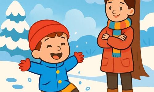 A 4-year-old boy with a big joyful smile is wearing a bright blue coat and a red hat. He is making footprints in the snow, his black boots leaving amusing traces behind him. Next to him, his mother, a woman in her 30s with brown hair in a bun and a colorful scarf, smiles as she watches her son with her arms crossed, standing near a large snow-covered tree. The setting is an enchanting winter landscape: a ground covered with a thick layer of sparkling snow under the sun, majestic trees with snow-laden branches, and a clear blue sky dotted with a few white clouds. The main scene shows the boy having fun jumping into the snow, splashing flakes around him, while his mother watches him tenderly, creating a joyful and lively atmosphere.