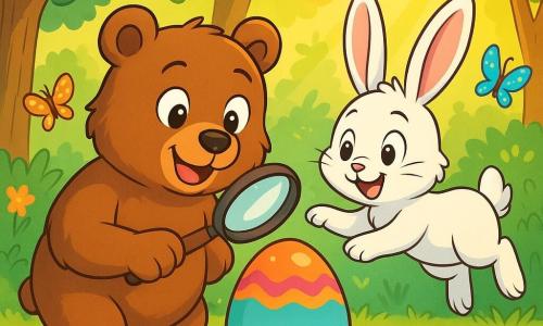 Ein brauner Bär namens Benno mit weichem, glänzendem Fell steht im Mittelpunkt der Szene, seine Augen weit aufgerissen vor Neugier und ein breites Lächeln auf seinem fröhlichen Gesicht. Er hält eine Lupe in einer Pfote und betrachtet ein leuchtend buntes Osterei, das vorsichtig auf dem grünen Gras liegt. Neben ihm springt ein kleiner weißer Hase namens Hops begeistert umher, seine großen Ohren und sein flauschiges Fell unterstreichend, während seine Augen vor Aufregung funkeln. Er zeigt mit seiner Vorderpfote auf das Ei, als wolle er Bennos Aufmerksamkeit erregen. Die Kulisse ist ein wunderschöner Frühlingswald, gefüllt mit bunten Blumen und Sonnenstrahlen, die durch die Blätter der Bäume filtern und eine magische, fröhliche Atmosphäre schaffen. Glänzende Schmetterlinge fliegen um sie herum und verleihen der Szene einen Hauch von Märchenhaftigkeit. Die Hauptsituation zeigt Benno und Hops, die ein geheimnisvolles, farbenfrohes Osterei entdecken, das anscheinend ein magisches Geheimnis birgt, während die beiden Freunde in der Aufregung ihres Abenteuers vertieft sind.