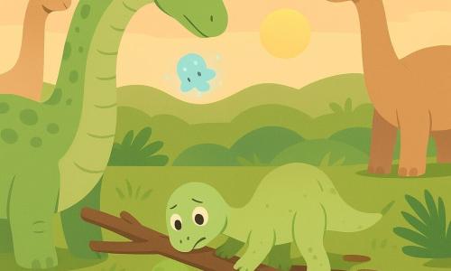 Ein großer männlicher Diplodocus mit gebogenem Hals und hellgrüner, schuppiger Haut legt behutsam einen dicken Ast als Brücke, um ein bis zu den Knien im Schlamm steckendes, kleineres Diplodocus-Junges mit blasserer grüner Färbung und ängstlich-erleichtertem Blick herauszuziehen; zwei weitere ruhige, massige Diplodocus im rosig-beigen Ton stützen von beiden Seiten die Astbrücke im Hintergrund, während Glitz, ein winziges halbtransluzentes, blau-rosa schimmerndes Wesen, leicht schwebend eine sanfte Leuchtspur über die schlammige Fläche wirft; die Szene spielt auf einer weiten, welligen Wiese mit stilisierten hohen Gräsern, vereinfachten Farnen, Schlammflecken und verstreuten Steinen unter einem pastellfarbenen Himmel und vermittelt ein ruhiges, kollektives Rettungsmotiv mit einfachen Formen und weichen Farben.