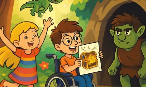 Hay 3 personajes: - Valentina: una niña de 8 años con largos cabellos dorados que brillan como el sol. Lleva un vestido colorido y sandalias. Está bailando alegremente, levantando los brazos para atraer la atención del troll. - Lucas: un niño de 9 años con el cabello castaño desordenado y gafas redondas. Está sentado en su silla de ruedas decorada con pegatinas coloridas, sosteniendo un gran dibujo de un tesoro brillante. Sonríe con entusiasmo, listo para lanzarse hacia la caverna. - Drago: un pequeño dragón con escamas verdes brillantes y ojos azules resplandecientes. Vuela sobre Valentina y Lucas, con alas translúcidas que brillan a la luz del sol. El lugar se desarrolla en un claro encantado, rodeado de grandes árboles con troncos gruesos y hojas de un verde brillante. Flores multicolores crecen por todas partes, y un suave rayo de sol filtra a través de las ramas, iluminando la escena con una luz dorada. En el fondo, se perfila una caverna oscura, con un resplandor misterioso que emana de su interior. La situación principal de la historia muestra a Valentina bailando para distraer al troll malvado, mientras Lucas, con su dibujo del tesoro, se prepara para entrar en la caverna y recuperar el Corazón del Bosque. La emoción y la aventura son palpables en el aire, con una atmósfera mágica que flota a su alrededor.