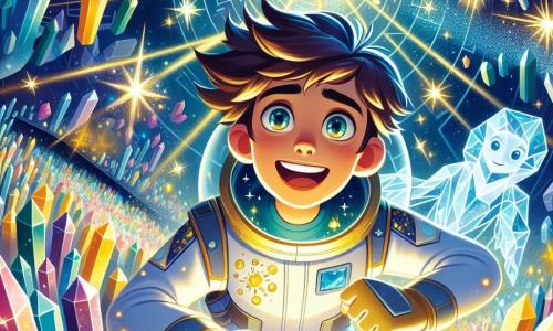 Un joven llamado Kael, de unos 15 años, se encuentra en el centro de la escena, con el cabello despeinado y ojos brillantes de asombro. Lleva un traje espacial brillante, adornado con patrones de estrellas y nebulosas, y su rostro expresa una determinación alegre. A su lado, el Guardián del Cristal, una figura luminosa hecha de luz pura, flota majestuosamente, con los brazos extendidos como si protegiera a Kael. La escena tiene lugar en un laberinto de cristales resplandecientes, donde formaciones geométricas brillan bajo la luz de las estrellas. Kael se prepara para enfrentar la Sombra Oscura, una figura amenazante que emerge de las tinieblas, lista para defender el valioso Orbe de la Eternidad. La tensión es palpable y el aire brilla con energía, mientras Kael, con valentía, se prepara para liberar la luz y vencer la oscuridad.