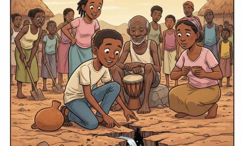 Kofi, adolescente de piel morena, rostro ovalado, ojos vivos y sonrisa asombrada, agachado junto a una grieta señalando una pequeña fuente de agua cristalina con una calabaza vacía a su lado; Sali, niña de unos 10 años con trenzas, sorprendida y alegre, de pie detrás de Kofi inclinada para mirar; Griomé, anciano griot de piel arrugada y cabello gris con su bastón de tambor, sentado en una piedra observando con orgullo; la madre de Kofi, mujer adulta fatigada pero aliviada, con una pequeña taza de barro lista para llenar la calabaza; otros habitantes del pueblo al fondo cavando suavemente con palas y palos; hormigas en primer plano transportando migas y trozos de barro hacia la grieta; lugar: marigot seco de suelo agrietado ocre y marrón, hierbas secas, termiteros y palmeras lejanas; escena: descubrimiento de una minúscula poza de agua que refleja un brillo plateado en una grieta, ambiente de ayuda y asombro al atardecer con luz dorada y sombras alargadas, composición centrada en Kofi, la grieta y la pequeña lámina de agua.