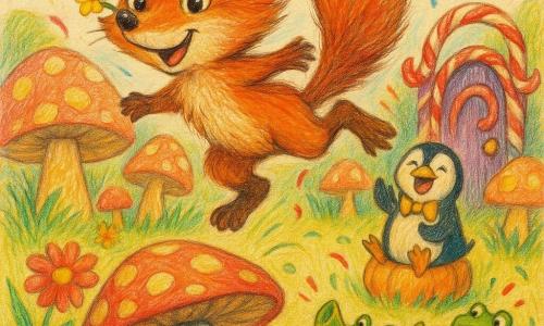 Flipperty, a mischievous red fox with a coppery orange coat and a fluffy tail, mid-smile and mid-air after bouncing on a large springy mushroom, spins with a small flower on his nose and lands gently among a group of round green frogs playing leaf trumpets and hopping back; nearby, a penguin wearing a golden bow tie sits on a pumpkin stool at the edge of the stage, applauding, while a colorful meadow of polka-dotted giant mushrooms, waving grass, bright flowers and a licorice-and-candy gate labeled Land of Laughter form the backdrop as laughter and confetti fill the scene.