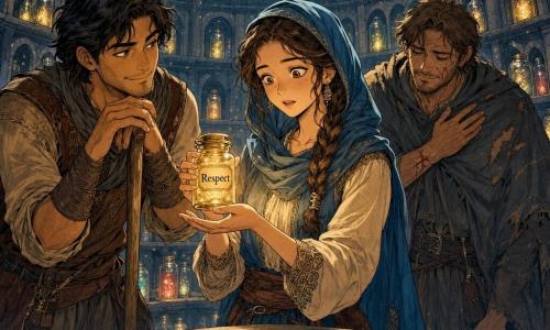 Iliana, tânără de circa 18 ani cu față fină și păr șaten împletit sub o basma albastră, privire liniștită și uimită, ține cu delicatețe un borcan auriu din sticlă marcat „Respect” deasupra palmei; postura ei e blândă și concentrată, degetele ușor tremurânde; Farid, bărbat tânăr de circa 25 de ani, piele bronzată, ochi migdalați și zâmbet șmecher, stă în stânga ei sprijinindu-se de un baston, cu privire protectoare; Martin, bărbat de circa 30 de ani cu mantie sfâșiată și o cicatrice vizibilă la încheietură, e în spatele Ilianei cu mâna pe piept, rușinat dar împăcat; locul e o sală rotundă subterană din piatră întunecată, cu rafturi arcuite pline de borcane plutitoare cu lumini colorate, praf strălucitor în suspensie și o stea metalică veche încrustată într-un piedestal central; situația principală e un moment tăcut și magic în care tânăra prezintă borcanul luminat în centrul amfiteatrului subteran, lumină blândă cu reflexii aurii pe fețe, atmosferă istoric-fantastică, contraste calde-reci și o dispoziție respectuoasă și contemplativă; stil vizual: linii clare de bandă desenată blândă, palete calde pentru personaje și reci pentru piatră, texturi detaliate de piatră cioplită, sticlă strălucitoare și țesături uzate.