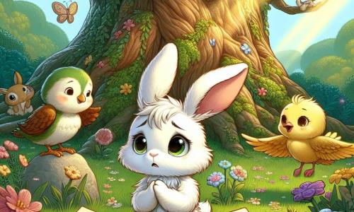 Un giovane coniglio dalle grandi orecchie, con pelliccia bianca e occhi brillanti, si trova al centro della scena, con un'espressione pensierosa e malinconica, guardando un vecchio libro aperto davanti a lui, pieno di disegni colorati e parole dorate. Alla sua destra, una piccola gallinella dalle piume gialle e dal sorriso rassicurante, con occhi pieni di gentilezza, si avvicina dolcemente, pronta a condividere storie, con un'espressione carica di empatia. Dietro di loro, un grande albero maestoso con foglie verdi brillanti e corteccia ruvida si erge, creando un'ombra delicata sul terreno coperto di fiori colorati, mentre un raggio di sole filtra tra i rami, illuminando la scena con una luce calda. La scena principale mostra il giovane coniglio, seduto sull'erba, immerso nei suoi ricordi, circondato dai suoi amici, mentre si riuniscono per condividere storie toccanti in memoria di una persona cara, creando un'atmosfera di conforto e solidarietà.