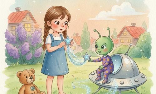 Fată de 6 ani curioasă cu ochi mari, păr brun împletit, desculță pe iarbă, ținând un insignă argintie cu o stea albastră; mic extraterestru verde cu două antene și costum cu stele coboară dintr-o navetă strălucitoare și întinde mâna; ursuleț de pluș uzat lângă fată privind insigna; parc la amurg cu iarbă cu rouă, liliac violet și căsuțe cu acoperișuri roșii; întâlnire magică în care insignele se aprind și lasă dâre argintii și albastre formând mici stele pe iarbă, atmosferă caldă și plină de uimire.