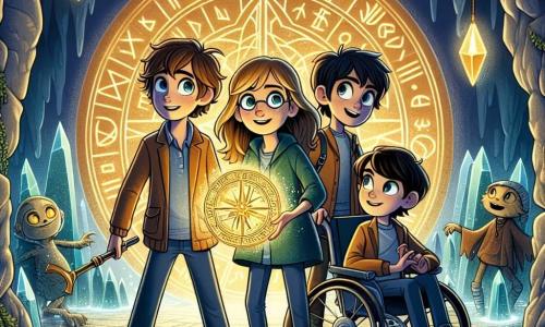 En una cueva misteriosa, cuatro amigos están juntos, listos para enfrentar un gran desafío. Martín, un chico de 11 años con el cabello castaño revuelto y ojos curiosos, sostiene una antigua brújula brillante, mirando con determinación hacia adelante. Helena, una chica de 11 años con cabello rubio largo y gafas redondas, está al lado de Martín, concentrada, lista para usar sus poderes mágicos y crear un escudo protector. Diego, un chico de 11 años con cabello negro y piel morena, está un poco apartado, con una sonrisa confiada, sosteniendo una esfera energética que fabricó, listo para lanzarla. Tomás, un chico de 11 años en silla de ruedas, observa atentamente los alrededores, con ojos brillantes de inteligencia, listo para detectar peligros ocultos. La cueva está iluminada por cristales brillantes que cuelgan del techo, proyectando sombras danzantes en las paredes de piedra. Runes antiguas están grabadas en las paredes, emitiendo un resplandor misterioso. En el centro, un pedestal de piedra sostiene el Cristal del Tiempo, brillando con una luz dorada, mientras que una silueta oscura, el héroe maligno, se encuentra al fondo, listo para defender su tesoro. Los amigos se preparan para enfrentar al héroe maligno y recuperar el Cristal del Tiempo, una aventura llena de magia y coraje que determinará el destino de Etheria.