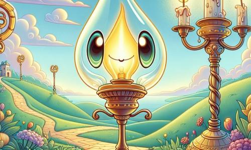 Al centro dell'immagine, Lampadino, una piccola lampada con corpo in metallo dorato, con una fiamma danzante e un cappello di vetro trasparente, si erge coraggiosamente su un sentiero tortuoso. Il suo volto esprime una determinazione luminosa, i suoi occhi brillano di speranza mentre avanza verso l'ignoto. Alla sua destra, il Gran Saggio Sbrilluccicone, un candelabro antico con braccia in ferro battuto e candele scintillanti, osserva con uno sguardo saggio e benevolo, sembrando incoraggiare Lampadino, la cui luce dolce illumina il cammino. Lo sfondo è un magnifico paesaggio di Luminaria, con colline verdi, fiori colorati e un cielo splendente di colori pastello, dove il giorno sembra non finire mai. La scena principale mostra Lampadino pronto a intraprendere un'avventura audace, determinato a ritrovare le Luci Perdute, mentre una leggera brezza fa danzare le foglie intorno a lui, aggiungendo un tocco di magia a questo momento decisivo.
