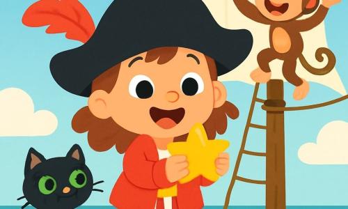 Una giovane piratessa di nome Lella, con un grande cappello nero ornato di una piuma rossa, sorride gioiosamente. Indossa una giacca rossa brillante e pantaloni a righe, i suoi occhi brillano di eccitazione mentre tiene una stella dorata tra le mani. Accanto a lei, un piccolo gatto nero di nome Pepe, con occhi verdi scintillanti, guarda la stella con curiosità, seduto sul bordo della nave. Poco più in là, una piccola scimmietta di nome Miro, con il pelo marrone e occhi maliziosi, scala l'albero maestro, ridendo e agitando le braccia. La scena si svolge sul ponte di una grande nave pirata, con velieri bianchi che sventolano al vento e un oceano blu scintillante sullo sfondo. Il cielo è chiaro e soleggiato, con alcune nuvole bianche soffici. Lella, Pepe e Miro celebrano la loro scoperta della stella dorata, circondati da onde che danzano intorno a loro.