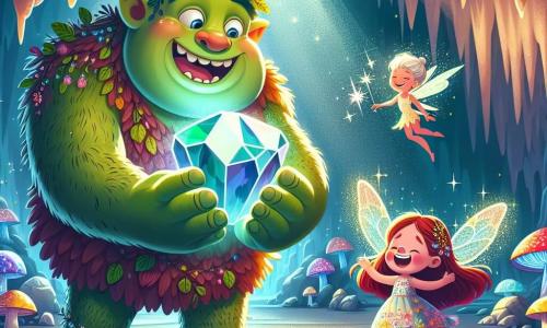 A large green ogre with gentle eyes and a broad smile stands at the center of the scene, holding a beautiful shining stone in his hands. His muscular body is covered in leaves and flowers, and he appears joyful and proud. Beside him, an 8-year-old girl with bright red hair and sparkling eyes jumps with joy, dressed in a colorful dress adorned with floral patterns. A small pixie with shimmering wings, golden hair, and a dress made of petals flies around them, smiling and casting sparks of magic. The setting is a vast cave with sparkling walls, illuminated by the soft light from the gemstone, featuring glistening stalactites and luminescent mushrooms on the ground. Shadows dance on the walls, creating a magical and mysterious atmosphere. The main scene shows the ogre, the girl, and the pixie celebrating their discovery of the magical stone, surrounded by an aura of light and joy, ready to share their adventure with the outside world.
