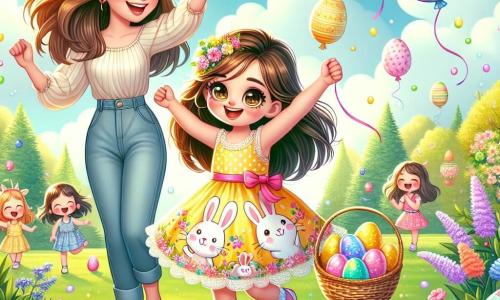 A 6-year-old girl named Lily, with long brown hair and sparkling eyes, is dancing in a sunny park. She wears a pretty yellow dress adorned with colorful bunnies and holds a basket filled with multicolored Easter eggs, her face beaming with excitement. Beside her, her mother, a woman in her 30s with brown hair and a warm smile, encourages her with raised arms, full of joy. She wears a light blouse and denim pants, standing near a flowering tree. In the background, the park is decorated with colorful garlands and balloons, with children laughing and playing. Shiny Easter eggs are hidden under bushes and around flowers. The main scene shows Lily searching for eggs, her amazed gaze scanning the ground, while her mother watches her tenderly, creating a festive and joyful atmosphere filled with Easter magic.