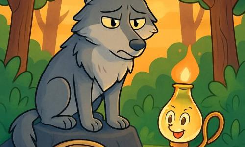 En el centro de la imagen, un Gran Lobo majestuoso, con pelaje gris plateado y ojos amarillos penetrantes, se encuentra sobre una roca, luciendo a la vez orgulloso y melancólico. Sus grandes orejas están erguidas, y su postura es imponente y vulnerable, como si buscara ser comprendido. A su derecha, Lumi, una pequeña lámpara de aceite, brilla con una luz suave y cálida. Su cuerpo es de vidrio delicado, con una llama danzante que ilumina su rostro sonriente y alentador, llena de esperanza y lista para ayudar al lobo a cambiar su imagen. Corde, una correa enrollada, reposa a sus pies, con una expresión decidida. Es de color beige, y sus contornos son nítidos, mostrando que está lista para unir corazones y tejer lazos. El fondo es un bosque denso, con árboles de troncos retorcidos y hojas verdes brillantes, bañados por la luz dorada del sol poniente. Flores coloridas salpican el suelo, añadiendo un toque de magia al entorno. La situación principal muestra al Gran Lobo, rodeado de Lumi y Corde, conversando con ellos, buscando entender cómo puede cambiar la percepción que los demás tienen de él. La atmósfera es seria y llena de esperanza, simbolizando el inicio de una nueva amistad.