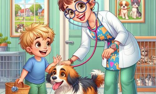 Dr. Lotte is een glimlachende vrouw van ongeveer dertig jaar, met bruin haar in een knot en ronde bril. Ze draagt een kleurrijke schort met dierenmotieven en houdt een stethoscoop in haar handen, terwijl ze teder naar een fluffy hond genaamd Max kijkt, die gelukkig lijkt en met zijn staart kwispelt. Timmy, een 8-jarig jongetje met wild blond haar en een blauwe t-shirt, staat naast haar. Hij aait Max met een grote glimlach, zijn ogen stralen van opwinding. De scène speelt zich af in een lichte dierenkliniek, met pastelgroene muren en posters van dieren. Er zijn kooien met spelende kittens en een hoek met speelgoed voor dieren. De belangrijkste situatie toont Dr. Lotte die Max verzorgt, een hond met een beetje koorts, terwijl Timmy enthousiast helpt, wat een warme en vriendelijke sfeer creëert waar de liefde voor dieren voelbaar is.