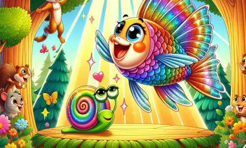 En el centro de la imagen, un pequeño pez volador llamado Nube, con escamas brillantes de colores del arcoíris y alas delicadas, realiza movimientos cómicos en el aire. Su rostro irradia alegría y emoción, y sus ojos brillan de entusiasmo mientras hace muecas para hacer reír a su público. A su lado, un caracol llamado Lento, con una concha espiral colorida y una sonrisa cálida, mira a Nube con admiración. Está sentado en una hoja verde, con los ojos chispeantes de orgullo, animando a su amigo con gestos entusiastas. Al fondo, se ve un hermoso bosque de Algodón, lleno de árboles de troncos gruesos y hojas vibrantes, flores brillantes y rayos de sol filtrándose entre las ramas. Animales curiosos, como ardillas y pájaros, se reúnen para aplaudir y reír. La escena principal muestra a Nube en pleno espectáculo, improvisando movimientos divertidos e imitando los sonidos de otros animales, mientras el público animal estalla en risas y aplausos, creando una atmósfera alegre y festiva.
