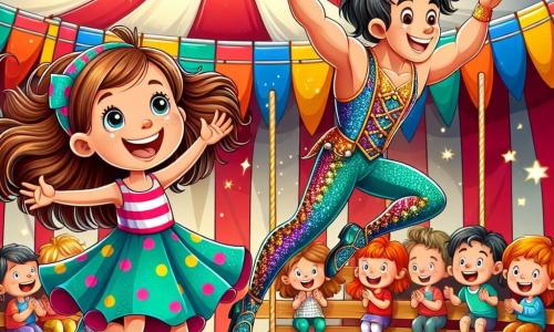 Uma menina de 6 anos, Clara, com longos cabelos castanhos e olhos brilhantes de alegria, está no centro da imagem. Ela usa um vestido colorido de bolinhas e um grande sorriso no rosto, pulando de felicidade diante de um jovem acrobata. O jovem acrobata, um garoto de cerca de 20 anos, é atlético, com cabelos pretos bagunçados, vestido com um traje brilhante de circo. Ele executa uma acrobacia impressionante, suspenso no ar, com uma expressão concentrada, mas alegre. Ao fundo, a grande tenda de circo é decorada com cores vivas, com bandeiras flutuantes e luzes cintilantes. Espectadores maravilhados, crianças e adultos, estão sentados em bancos de madeira, aplaudindo e rindo. A cena principal mostra Clara, com os braços levantados, admirando o jovem acrobata que realiza um salto espetacular, criando uma atmosfera mágica e alegre, repleta de risos e encantamento.