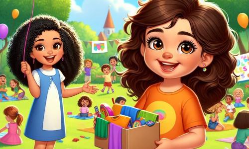 Una niña de 7 años, Ana, con grandes ojos marrones brillantes y cabello rizado castaño, sonríe alegremente mientras sostiene un gran cartel colorido que dice 