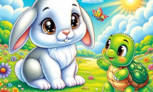 An illustration depicts a small rabbit with large ears and soft white fur, expressing slight sadness. Its big, bright eyes scan a sunny meadow with a worried look. Nearby, a green, shiny-shelled turtle approaches slowly with a friendly, comforting expression, ready to play. A joyful brown squirrel with sparkling eyes runs in, displaying an enthusiastic and friendly demeanor, eager to join in. The main setting is a lush meadow dotted with colorful flowers under a clear blue sky, with sunshine creating a warm, cheerful atmosphere. The scene shows the rabbit, turtle, and squirrel preparing to play together, surrounded by laughter and happiness, while colorful butterflies flutter around, adding a touch of magic to this friendship scene. Soft clouds float in the sky, with trees in the background and sunlight filtering through the leaves, creating a peaceful and joyful ambiance.