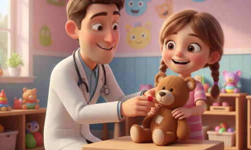 A kind smiling male doctor with short brown hair, in a pristine white coat and stethoscope, kneels and gently wraps a small red bandage around the paw of a small brown teddy with a visible seam and a light stain, placed on a wooden exam table, while Lily, about five with light brown pigtails, big curious eyes and a delighted smile, holds her bear and watches from the right; the scene is a warm, reassuring moment in a colorful pediatric exam room with pastel walls, cheerful animal stickers, sunlight through a window, low shelves of toys and a soft rug.