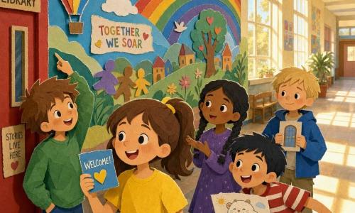 Five 7-year-old children stand before a large, paper-cut mural in a wide school corridor lit by a golden shaft of sunlight: Mia (brown ponytail, bright yellow tee) stands center holding a small blue welcome card; Leo (messy brown hair, green sweatshirt) stands left, smiling and pointing at a painted balloon; Sam (short black hair, red-and-white striped shirt) stands right, laughing and holding a “cloud-hamster” drawing in a dynamic pose; Aisha (braids, purple dress) stands just behind Mia with a raised hand as if explaining; Noah (light blond hair, oversized blue jacket) stands slightly right and back, shyly smiling while holding a small drawn door. The mural fills the wall with saturated contrasting colors and visible brushlike paper edges, a red library door is visible left, the scene feels joyful, inclusive and welcoming with soft light filtering through layered papers.