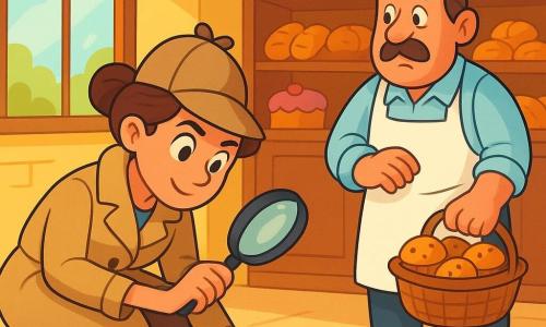 Miss Isabel, a thirty-something female detective, wears a beige trench coat and a detective hat. She has brown hair in a bun and a determined look with sparkling curious eyes. She is crouched down, examining a paw print in the dirt with a magnifying glass in her right hand. Next to her, Mr. Baker, a jovial man in his fifties with a bushy mustache and a white apron, looks on with concern. He holds a half-eaten basket of muffins, standing slightly back with furrowed brows. The setting is a charming bakery with shelves filled with golden bread and colorful cakes. Morning light filters through the windows, casting a soft glow on the scene. The main situation shows Miss Isabel in the middle of an investigation, closely scrutinizing the ground, while Mr. Baker, worried, wonders where his delicious muffins have gone.