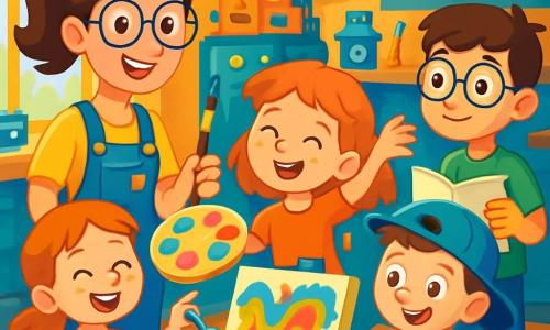 An inventor woman, Ms. Serena Sparks, with brown hair in a ponytail and round glasses, smiles enthusiastically in her workshop. She wears blue overalls adorned with colorful patches and holds a paintbrush in one hand, ready to paint. Next to her, an 8-year-old girl, Emma, with red hair and freckles, joyfully dances while holding a bright paint palette. A 9-year-old boy, Leo, wearing glasses and holding a sketchbook, observes the painting with an amazed smile. Max, a 7-year-old boy with a backward cap, manipulates a small robot that pours paint onto a canvas. The workshop is filled with colorful machines, shiny metal parts, and drawings hanging on the walls. Rays of light filter through the windows, illuminating shelves loaded with gadgets. The scene depicts the invention of a painting machine that reacts to music, with vibrant colors blending on the canvas, creating a joyful and dynamic artwork.