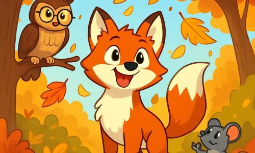 A young fox with bright red fur and sparkling eyes stands at the center of the scene, ears perked and bushy tail raised, watching in wonder as golden leaves swirl around him. To his right, a small gray mouse with shiny eyes and twitching whiskers curiously observes, paws raised as if to catch a leaf. On the left, a wise owl with brown feathers and round glasses perches on a branch, displaying a kind and amused expression, watching the scene with a slight smile. The setting is an enchanted clearing surrounded by trees with vibrant leaves, where the ground is covered in a colorful carpet of reds, oranges, and yellows. Sunlight filters through the branches, casting dancing shadows on the ground. The main scene shows the fox, amazed by the magic of autumn, surrounded by his friends, all captivated by the beauty of the falling leaves, joyfully celebrating the season together.