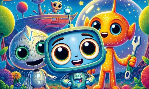 Tinko, een jonge robot in de vorm van een tang, staat in het midden van de afbeelding, met een glanzend metalen lichaam en expressieve ogen die zijn nieuwsgierigheid weerspiegelen. Hij glimlacht enthousiast terwijl hij een gereedschap in zijn hand houdt, klaar om zijn nieuwe vriend te helpen. Naast hem staat Zilko, een klein buitenaards wezen met fonkelende ogen en een glinsterende huid als sterren, die een blije en opgewonden uitdrukking toont, zijn armen in dankbaarheid omhoogheffend. Skrip, een robot in de vorm van een schroevendraaier, staat iets verder naar achteren, met een bewonderende blik en een trotse glimlach, terwijl hij zijn vrienden samen ziet werken. De achtergrond toont een kleurrijke planeet, vol met levendige bloemen in felle kleuren en grote bomen met luminescente bladeren die lijken te zingen in de wind. Op de achtergrond voegt een sterrenhemel en een ruimteschip in reparatie een avontuurlijke toets toe. De hoofdactie toont Tinko en Zilko die samenwerken om het ruimteschip te repareren, omringd door zwevende gereedschappen en glanzende onderdelen, wat de geest van samenwerking en vriendschap illustreert die hen verbindt in deze intergalactische ontdekking.