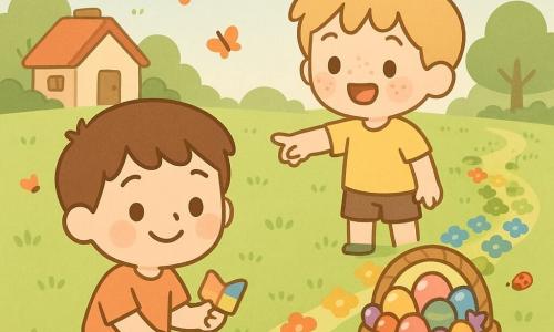 Dois meninos de 6 anos: Lucas, cabelo castanho curto, rosto redondo e bochechas rosadas, ajoelhado em primeiro plano segurando um papel colorido e sorrindo; João, cabelo loiro bagunçado e sardas, em pé atrás apontando a trilha de flores; em uma clareira de jardim com relva verde e árvores ao fundo, uma trilha de flores em arco-íris (vermelho, laranja, amarelo, verde, azul, violeta) conduz a uma grande cesta de Páscoa no centro cheia de ovos coloridos e bombons, borboletas e joaninhas voando, luz dourada da manhã, atmosfera calorosa, formas arredondadas e cores suaves.