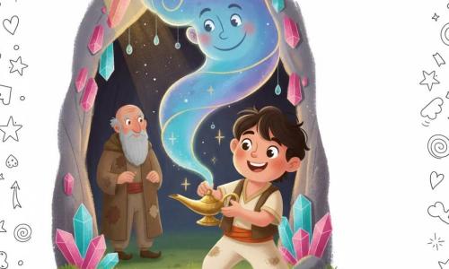 Aladdin, jongen van ca. 14–16 jaar, rond gezicht, donker warrig haar, eenvoudige zandkleurige kleren, houdt een oude lamp vast en wrijft ermee, verwonderde glimlach, heldere ogen, enthousiaste houding; de geest is een niet-menselijke grote wervel van blauw-paarse rook met gouden lichtcontouren en een welwillende glimlach, draait als een spiraal uit de lamp boven Aladdin; een oude man bij de grotopening op de achtergrond, ca. 70 jaar, lange grijze baard, versleten mantel, medeplichtige blik, licht in de schaduw links van Aladdin; de grot is klein en magisch met wanden bedekt door roze en turquoise fonkelende kristallen, mos op de grond, gouden lichtstralen door een scheur in het plafond en parelachtige waterdruppels; hoofdscène: magisch ontdekkingmoment — Aladdin wrijft de lamp en de geest verschijnt in een lichte spiraal, warme feeërieke sfeer, levendige kleuren, zachte contrasten, compositie gecentreerd op Aladdin en de lamp, vrije ruimte voor tekst rechtsboven.