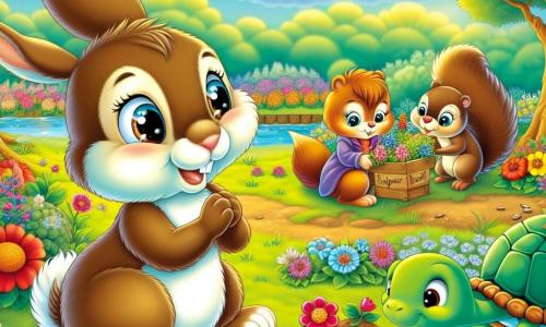 An illustration depicts a young male rabbit with soft brown fur and sparkling curious eyes, joyfully hopping in a colorful garden surrounded by bright flowers, with a big smile on his face, showing his enthusiasm for nature. Nearby, a wise female turtle with a green shell and kind eyes watches the rabbit with a proud smile, sitting quietly on the grass, holding a small wooden sign that says 