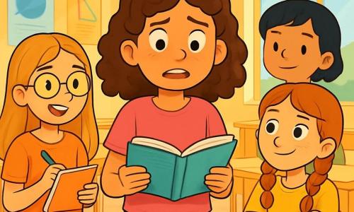 Există 4 copii: Mia, o fetiță de 11 ani cu părul creț și ochi strălucitori, poartă un tricou roz și un șort din denim, stând în centru, puțin nervoasă, ținând o carte deschisă; Elena, o fetiță de 11 ani cu părul lung și drept, blond și ochelari rotunzi, este în stânga lui Mia, zâmbitoare, cu un carnet și un pix în mână, pregătită să ia notițe; Sara, o fetiță de 11 ani cu părul roșcat împletit și pistrui, se află în dreapta lui Mia, cu brațele încrucișate, având o expresie curioasă și entuziastă; Ana, o fetiță de 11 ani cu părul scurt și negru, zâmbitoare, stă puțin mai în spate, observându-și prietenele cu bunătate. Acțiunea are loc într-o clasă luminoasă, cu pereți galbeni pastel și postere colorate, iar birourile din lemn sunt aranjate în semicerc. O fereastră mare lasă să intre lumina soarelui, iluminând fețele copiilor. Povestea o arată pe Mia, înconjurată de prietene, dezvăluind că a mințit despre o presupusă descoperire a unui tezaur, iar expresiile lor variază între surpriză, curiozitate și înțelegere, în timp ce o carte deschisă pe masă simbolizează adevărul care iese la iveală.
