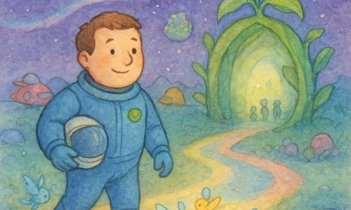 Dr. Leo, smiling but focused, round-faced with short brown hair, in a blue spacesuit with a green badge, holds his helmet under his arm and walks forward calmly with bright eyes and a reassured posture; tiny yellow-and-blue winged creatures the size of a fist flutter at his feet emitting soft light and leading him to a large open-portal plant; other varied travelers and colorful ships rest peacefully on the blue landing path while friendly silhouettes exchange seeds; the setting is the Cosmic Crossroads—four luminous paths (blue, yellow, pink, green) crossing a small floating planet lush with flowers and vines under a violet starry sky with ribbons of light, luminous stone ground and glittering mist; main scene: Leo finds his ship after a shimmering fog, follows the small creatures toward the plant-portal, showing courage and respect, in a soft pastel, grainy watercolor texture.