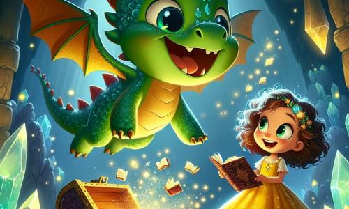 A little dragon named Ember, with sparkling emerald scales, joyfully floats in the air. His big round eyes shine with excitement, and a wide smile lights up his face. He is surrounded by magical books that float around him, emitting a soft golden glow. Next to him, Mia, an eight-year-old girl, wears a bright yellow dress that dances in the wind. Her curly brown hair falls freely over her shoulders, and she looks at Ember in wonder, holding an open book in her hands while standing on a stone path beneath the dragon. Their adventure takes place in a magical cave, where glowing crystals shimmer on the walls, and beams of light create a fairy-tale atmosphere. At the back of the cave, a chest decorated with colorful jewels shines brightly, capturing the attention of the two friends. The scene shows Ember and Mia discovering the chest filled with enchanted books, their faces radiant with joy and wonder, ready to share their discoveries with the world.