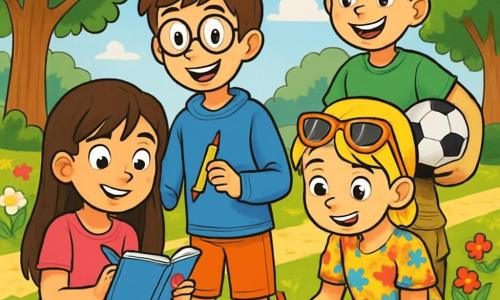 Hay 4 niños: - Lucía: una niña de 10 años, con largos cabellos castaños y ojos brillantes. Lleva una camiseta rosa y unos vaqueros, sentada en la hierba, sosteniendo una pequeña libreta. - Mateo: un niño de 11 años, alto y delgado, con gafas redondas y el cabello despeinado. Lleva un sudadera azul y un pantalón corto, de pie junto a Lucía, sonriendo y sosteniendo un lápiz. - Sara: una niña de 10 años, con cabello rubio trenzado y gafas de sol en la cabeza. Lleva un vestido de flores colorido y está sentada cerca de Lucía, dibujando en una hoja. - David: un niño de 10 años, con cabello castaño y una gran sonrisa. Lleva una camiseta verde y un pantalón cargo, de pie detrás de Mateo, sosteniendo un balón de fútbol bajo el brazo. El lugar es un parque soleado, con grandes árboles de hojas verdes brillantes, un cielo azul claro salpicado de algunas nubes blancas esponjosas, y un camino de grava que serpentea entre los bancos. Flores coloridas bordean el camino, añadiendo toques de rojo, amarillo y morado. La situación principal muestra a Lucía y sus amigos sentados en la hierba, rodeados de dibujos y risas, compartiendo su diario. Intercambian ideas y sonrisas, creando un momento de complicidad y apoyo, a pesar de los cambios en sus vidas.
