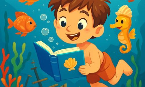 An 8-year-old boy with tousled hair and sparkling curious eyes joyfully swims underwater, holding a blue book with a shell on the cover. His face expresses wonder and excitement as he explores a magical underwater world. Beside him, a small seahorse named Sir Bubbles, with shiny golden color and a shell hat, floats with a smile, showing the way. The background features a colorful coral forest, with shimmering-scaled fish swimming around them, creating a vibrant and joyful atmosphere. The main scene shows the boy discovering an old sunken ship surrounded by swaying sea plants as he opens the book and releases magical bubbles that float in the water.