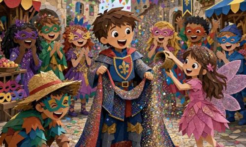 Un bambino di 10 anni, felice e stupito, capelli castani corti e occhi grandi, indossa un costume da cavaliere blu e rosso con strisce dorate, tiene un mantello con cappuccio coperto di brillantini mentre una pioggia di glitter lo cosparge; alla sua destra una bambina di circa 9 anni, sorridente e vestita da fata rosa con ali di tulle, tiene un piccolo vaso rovesciato di brillantini; alla sinistra del ragazzo un coetaneo di 11 anni, sorpreso e ridacchiante con cappello di paglia e maschera colorata, raccoglie i glitter accovacciato; dietro di loro altri bambini mascherati (7–12 anni) formano un cerchio ridendo e applaudendo; la scena si svolge in una piazza lastricata di un borgo medievale con case in pietra e bancarelle che vendono dolci e maschere, bandierine colorate e coriandoli nell’aria, mentre lo spargersi dei brillantini trasforma la parata in un istante magico; stile visivo: forme nette, texture carta sovrapposte, colori vivaci, ombre semplici e contorni definiti.