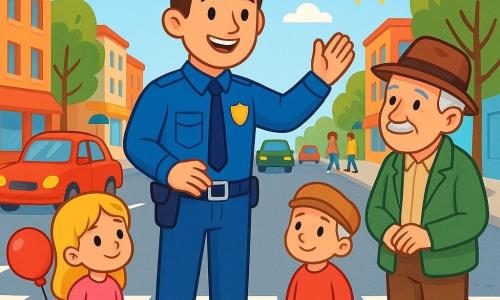 Un poliziotto sorridente e benevolo indossa una uniforme blu brillante con una cintura nera. Ha capelli castani e un cappello da poliziotto. Si trova al centro di un incrocio affollato, alzando una mano per dirigere il traffico con sicurezza e calma. A destra, un uomo anziano con una giacca verde e un cappello marrone aspetta pazientemente di attraversare la strada, guardando il poliziotto con gratitudine. A sinistra, una bambina di nome Sofia, di circa 7 anni, con capelli biondi e un vestito rosa, osserva la scena con occhi stupiti, tenendo un palloncino rosso. Il luogo è una strada animata di una città, con auto colorate parcheggiate e pedoni che camminano sui marciapiedi acciottolati. Alberi fiancheggiano la strada e un sole splendente brilla in un cielo azzurro chiaro. La situazione principale mostra il poliziotto che aiuta l'anziano ad attraversare la strada in sicurezza, spiegando ai bambini l'importanza della pazienza e della sicurezza stradale.