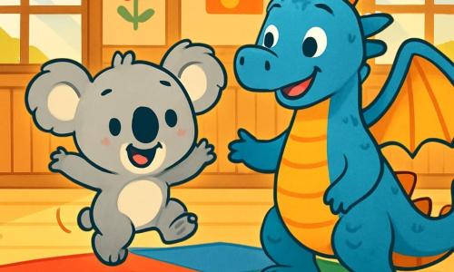 Un pequeño koala adorable, llamado Kiko, con un pelaje suave y gris, ojos brillantes y una gran sonrisa, salta alegremente sobre una gran colchoneta colorida. Kiko parece emocionado y un poco nervioso, con sus pequeñas patas en el aire. A su lado, un gran dragón azul llamado Ryu, con escamas brillantes y alas majestuosas, sonríe con benevolencia, mostrando su gran amistad. Ryu está ahí para animar a Kiko, manteniéndose justo al lado de él en la colchoneta. La escena se desarrolla en un dojo luminoso, con paredes de madera y decoraciones de flores coloridas. Rayos de sol entran por las ventanas, iluminando el espacio. Kiko y Ryu están listos para saltar juntos, Kiko tomando impulso con determinación, mientras Ryu lo anima con una mirada amistosa. La atmósfera es alegre y llena de energía, capturando el momento de aprendizaje y amistad.