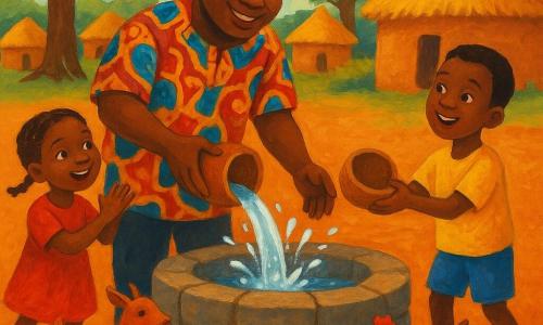 A smiling, kind man named Kofi with dark brown skin and short hair, wearing colorful wax fabric, pours clear water from two wooden calabashes into a stone well with gentle, generous gestures; a roughly 6-year-old boy with short hair stands to Kofi's right holding an empty calabash, enthusiastic; a about 5-year-old girl in a simple red dress with braided hair claps and jumps to his left, joyful; a small reddish goat jumps near the well and a brown chicken flaps in the background; the village has small round clay huts with yellow thatch roofs, cracked red earth, large green trees (including a baobab) and smooth stacked stones on the path; warm scene of sharing with soft water splashes, saturated colors and thick gouache textures.