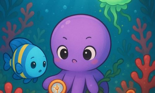 Un pequeño pulpo violeta (protagonista), de tentáculos redondeados y brillantes, expresión curiosa y decidida, con una pequeña bolsa de algas, sostiene una brújula de coral entre dos ventosas; una medusa-linterna redonda llamada Brisa, con un resplandor verde, flota arriba a la derecha dejando caer una cinta de alga brillante; a la izquierda, un pez mariposa azul y amarillo llamado Lila, de ojos redondos y tímidos, nada cerca de Ocho mirando la brújula con asombro; el arrecife, con corales en ramilletes, esponjas y praderas marinas que se mecen, pequeñas burbujas y rayos de luz azulada, forma el decorado mientras el pulpo muestra la brújula bajo una luz suave y los habitantes del arrecife se reúnen en círculo en una atmósfera de aventura tranquila y colorida.