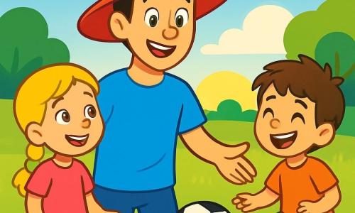 Un uomo sorridente, Paolo, è al centro dell'immagine, indossa un grande cappello rosso e una maglietta blu brillante. I suoi occhi brillanti esprimono gioia ed entusiasmo mentre mostra ai bambini come giocare a calcio. Alla sua destra, una ragazza di 8 anni, Anna, con capelli biondi in treccia e un vestito rosa, guarda attentamente Paolo con un grande sorriso, pronta a provare a passare la palla. Alla sua sinistra, un ragazzo di 7 anni, Luca, con capelli castani disordinati e pantaloni corti verdi, ride mentre cerca di controllare il pallone con i piedi. Lo sfondo è un ampio campo verde, illuminato dalla luce dorata del sole al tramonto, con fiori colorati che punteggiano l'erba. Sullo sfondo, si vedono alberi maestosi e un cielo blu punteggiato di nuvole bianche. La scena rappresenta Paolo che insegna ai bambini come passare la palla, mentre Anna e Luca si allenano con entusiasmo, ridendo e incoraggiandosi a vicenda in un'atmosfera gioiosa e amichevole.
