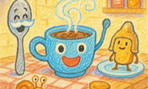 La protagonista es una taza azul antropomórfica, orgullosa y alegre, con gran sonrisa roja, ojos redondos y brillantes, asa levantada como varita y vapor en remolinos de cacao caliente; a la izquierda, una cuchara plateada con bigote blanco de leche y ojos pícaros ríe mirando la taza; a la derecha, una tostada dorada como un pequeño caballero en un plato, casco de migas, erguida y valiente; debajo y cerca del borde de la mesa, un calcetín pegajoso convertido en caracol de miel marrón claro con ojos asombrados; escenario: cocina de castillo acogedora con mesa de madera y mantel a cuadros rojos y blancos, luz cálida y paredes en tonos pastel, todo dibujado a lápiz con trazos sencillos; situación: un desayuno mágico y divertido: la taza acaba de recibir el cacao, todos los objetos se ríen y una lluvia de miel pega al caracol, creando una atmósfera cálida y animada.