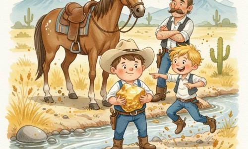 Un ragazzo, Jack, al centro con viso rotondo e lentiggini, espressione coraggiosa e determinata, capelli castani corti e cappello da cowboy beige di traverso, tiene fra le mani sporche di fango una grande pepita d'oro brillante; accanto Benny (10 anni), capelli biondi spettinati, sorriso eccitato, indica la pepita e salta leggermente; dietro di loro a pochi passi un uomo sulla quarantina, volto rugoso e baffi folti, braccia conserte e sguardo sospettoso; il cavallo bruno Dusty, ampio e tranquillo con sella consumata, sta subito dietro Jack; ambientazione sulla riva del Silver Creek con acqua chiara, ciottoli argentati, sabbia, erbe ingiallite, cactus e colline aride; momento di tensione per la pepita appena trovata che si trasforma in una vittoria maliziosa, colori caldi e riflessi dorati sulla pepita.