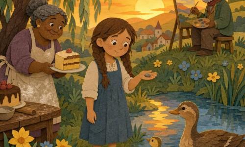 A 10-year-old girl with a round freckled face and brown pigtails, barefoot in the grass holding a smooth pebble, gentle smile and curious look; to her left a plump 50-year-old baker woman with gray hair in a bun and a floury apron offering a slice of cake on a small plate by a wooden table; a mother duck and a yellow-brown spotted duckling swim in a small pond front right watching the girl; an elderly painter (~70) with a short white beard and felt hat sits on a stool on a hill behind her with a palette and brush, kindly observing; setting: sunlit meadow at sunset with textured green grass, paper-cut yellow and blue flowers, a willow with cut foliage, a mirror pond, golden hills and tiny village houses; scene: the girl studies the pebble as if seeking an answer, surrounded by figures symbolizing sharing, restraint and contemplation—centered composition, warm sunset contrasts, layered paper textures, soft shadows and simple shapes.
