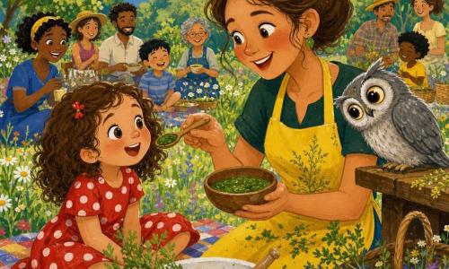 Lily, a smiling round-faced woman with chestnut hair in a bun and a bright yellow herb-stained apron, gently offers a wooden spoon of emerald-green sauce; Mia, a delighted 7-year-old girl with curly brown hair in a red polka-dot dress, sits on a multicolored blanket nearby; Oliver, a gray owl with large shiny round eyes, perches on the right edge of a wooden table tilting his head; sunny meadow picnic with wicker baskets, white ceramic bowls, wildflowers, blurred green trees and a pale blue sky, warm late-afternoon light, vivid colors and thick acrylic brushstrokes.